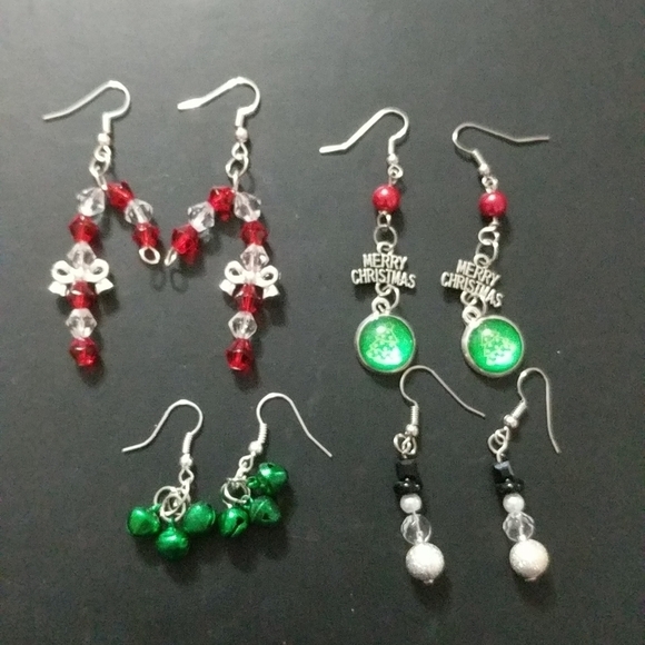 Set of 4 Holiday Christmas Earrings - Bells, Merry Christmas, Candy Cane - Picture 1 of 1